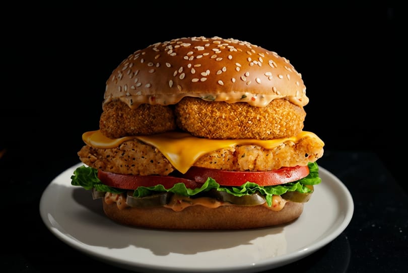 A crispy chicken burger with cheese, lettuce, tomato, and jalapeños on a white plate.